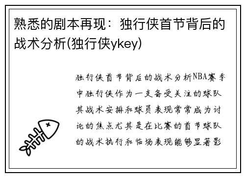 熟悉的剧本再现：独行侠首节背后的战术分析(独行侠ykey)