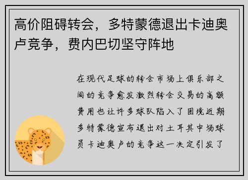 高价阻碍转会，多特蒙德退出卡迪奥卢竞争，费内巴切坚守阵地