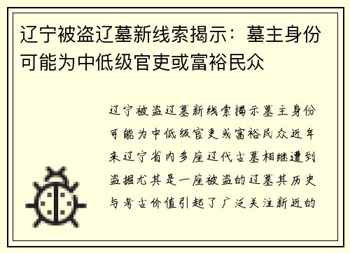 辽宁被盗辽墓新线索揭示：墓主身份可能为中低级官吏或富裕民众