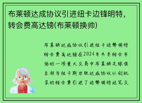 布莱顿达成协议引进纽卡边锋明特，转会费高达镑(布莱顿换帅)