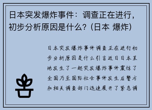 日本突发爆炸事件：调查正在进行，初步分析原因是什么？(日本 爆炸)