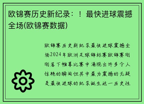 欧锦赛历史新纪录：！最快进球震撼全场(欧锦赛数据)