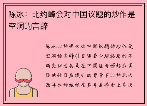 陈冰：北约峰会对中国议题的炒作是空洞的言辞