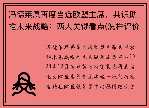 冯德莱恩再度当选欧盟主席，共识助推未来战略：两大关键看点(怎样评价冯德莱恩)