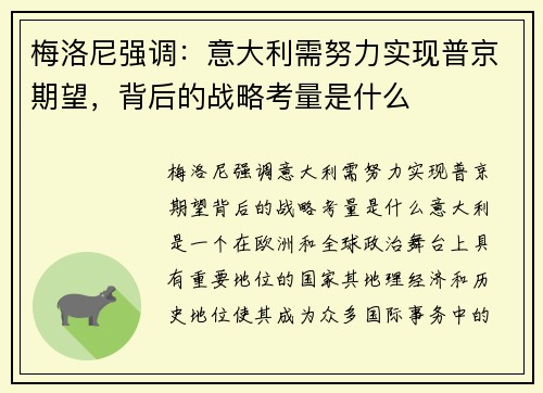 梅洛尼强调：意大利需努力实现普京期望，背后的战略考量是什么